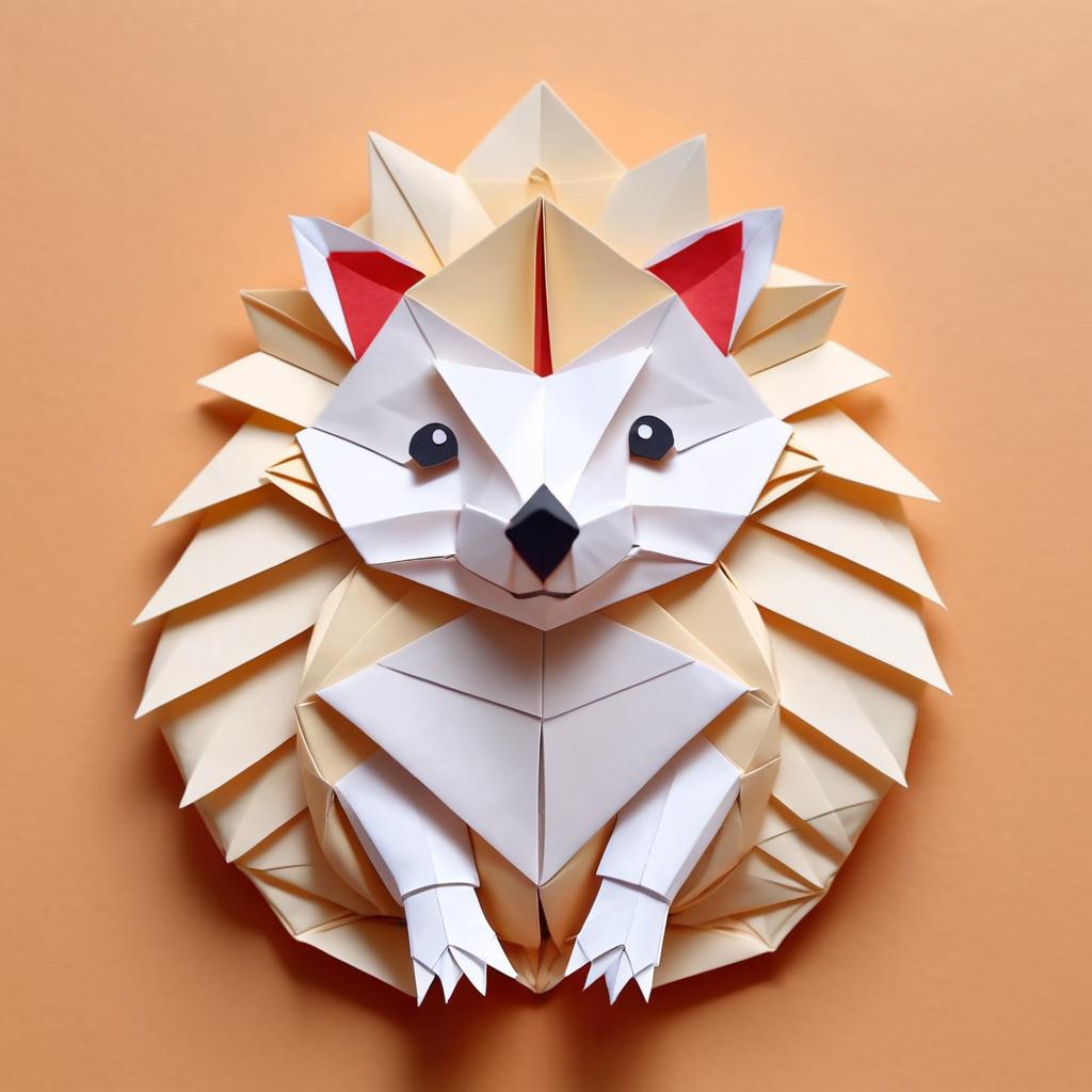 origami style portrait of european hedgehog, depicting them in intricate and beautifully folded paper art, capturing a happy and cute essence.