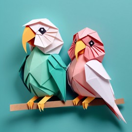 origami style portrait of lovebird bird, depicting them in intricate and beautifully folded paper art, capturing a happy and cute essence.