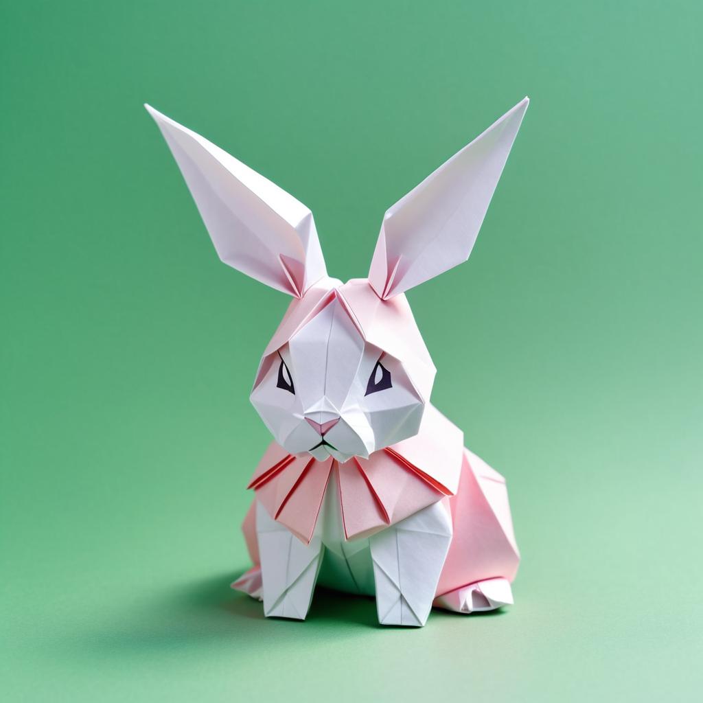 origami style portrait of mini rex rabbit, depicting them in intricate and beautifully folded paper art, capturing a happy and cute essence.