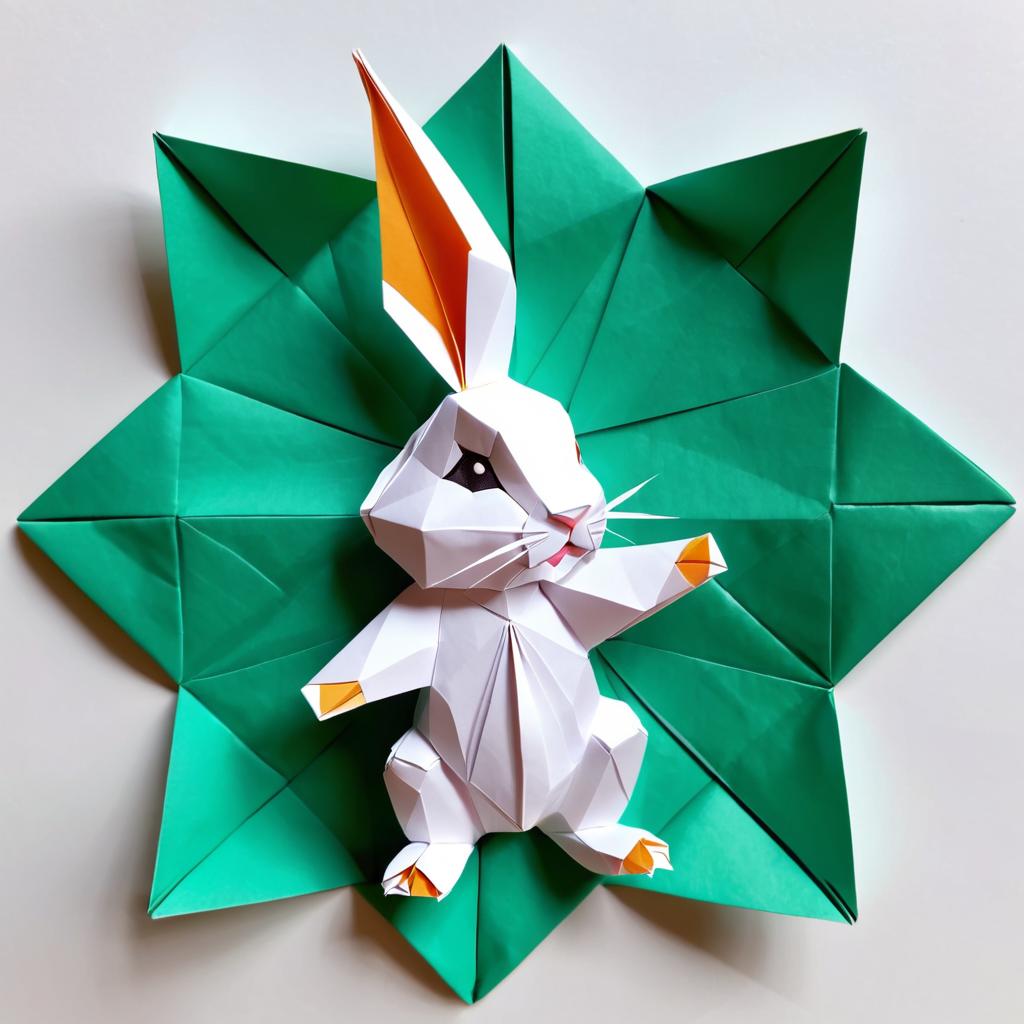 origami style portrait of netherland dwarf rabbit, depicting them in intricate and beautifully folded paper art, capturing a happy and cute essence.