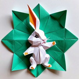 origami style portrait of netherland dwarf rabbit, depicting them in intricate and beautifully folded paper art, capturing a happy and cute essence.