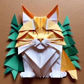 origami style portrait of norwegian forest cat cat, depicting them in intricate and beautifully folded paper art, capturing a happy and cute essence.