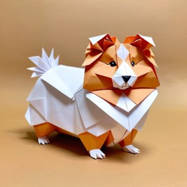 origami style portrait of silkie (sheltie) guinea pig, depicting them in intricate and beautifully folded paper art, capturing a happy and cute essence.