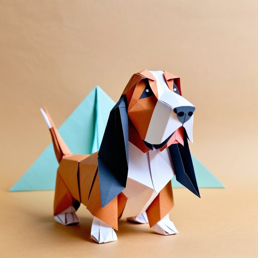 origami style portrait of basset hound, depicting them in intricate and beautifully folded paper art, capturing a happy and cute essence.