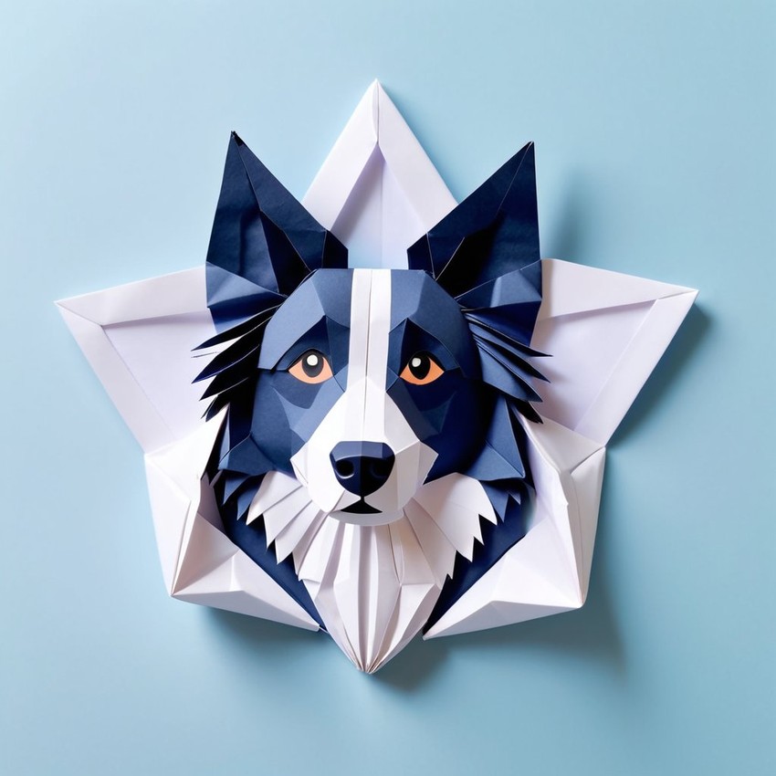 origami style portrait of border collie, depicting them in intricate and beautifully folded paper art, capturing a happy and cute essence.