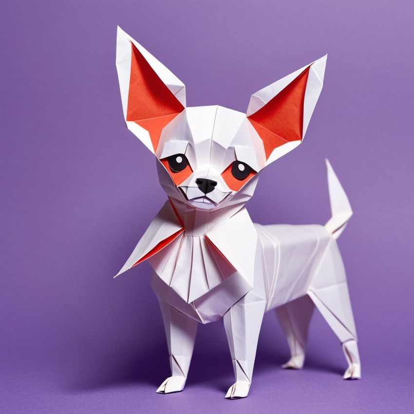 origami style portrait of chihuahua, depicting them in intricate and beautifully folded paper art, capturing a happy and cute essence.