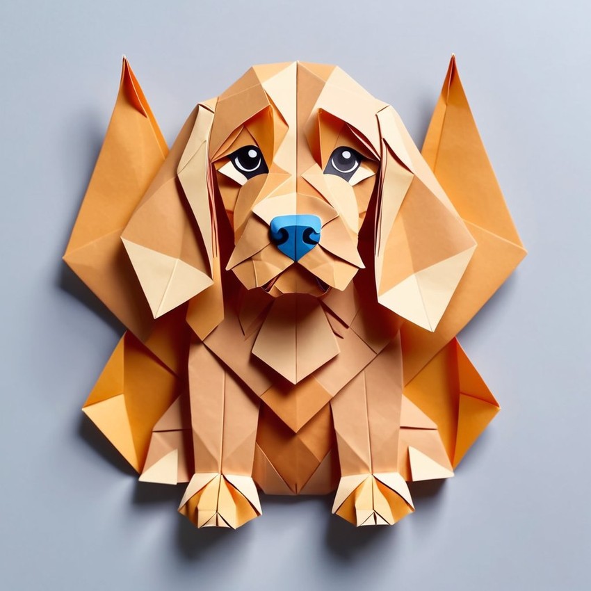 origami style portrait of cocker spaniel, depicting them in intricate and beautifully folded paper art, capturing a happy and cute essence.