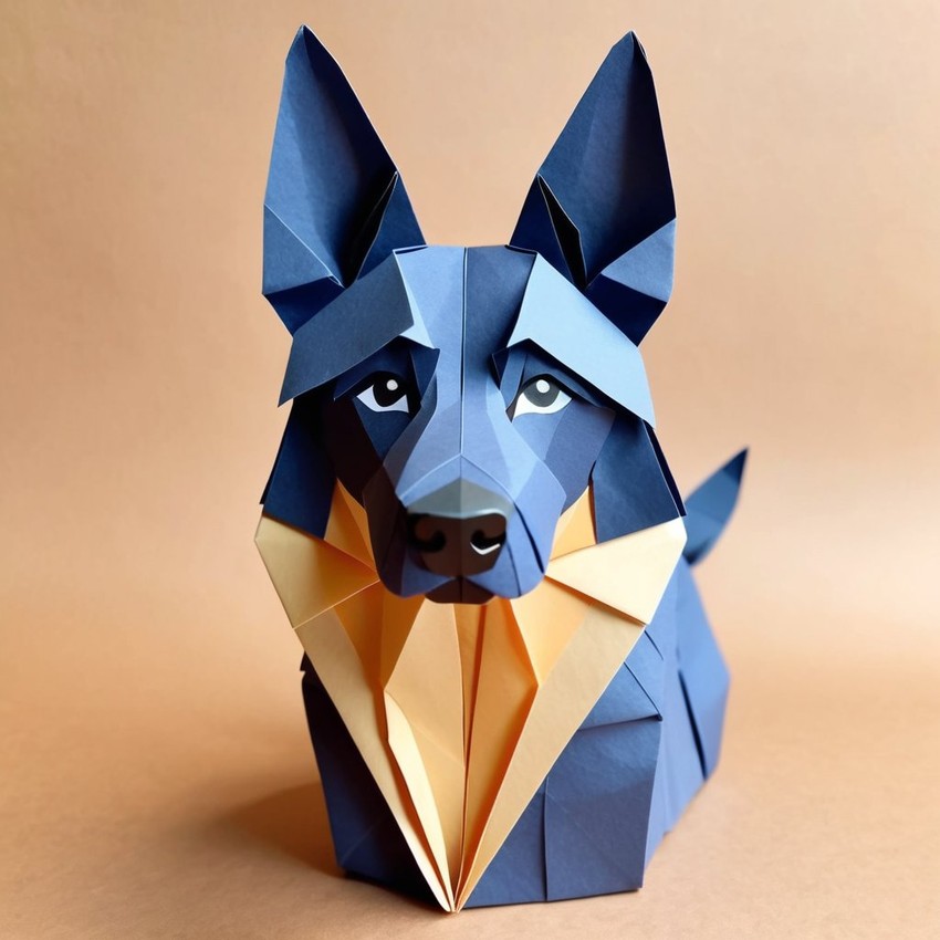 origami style portrait of german shepherd, depicting them in intricate and beautifully folded paper art, capturing a happy and cute essence.