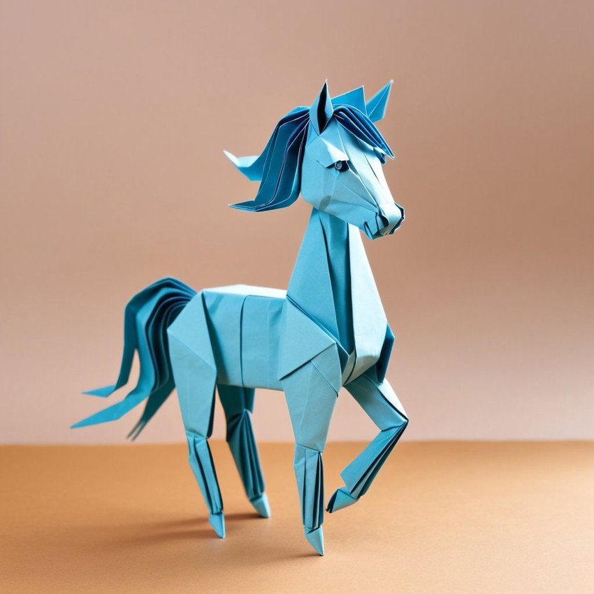 origami style portrait of mustang horse, depicting them in intricate and beautifully folded paper art, capturing a happy and cute essence.