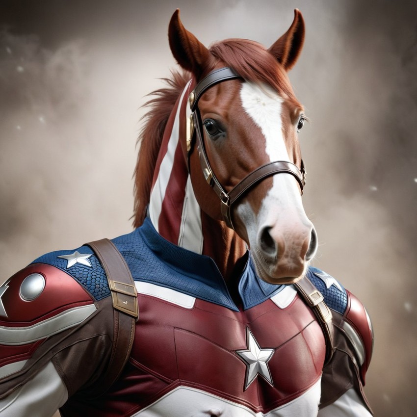 paint horse horse as captain america from avengers, lifelike and highly detailed.