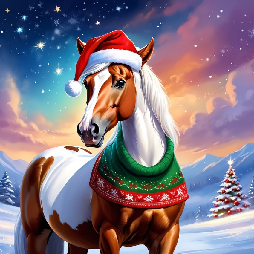 paint horse horse in a christmas sweater and santa hat, ethereal and magical.