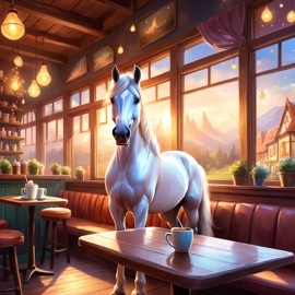 paint horse horse sitting in a cozy coffee shop, ethereal and magical.