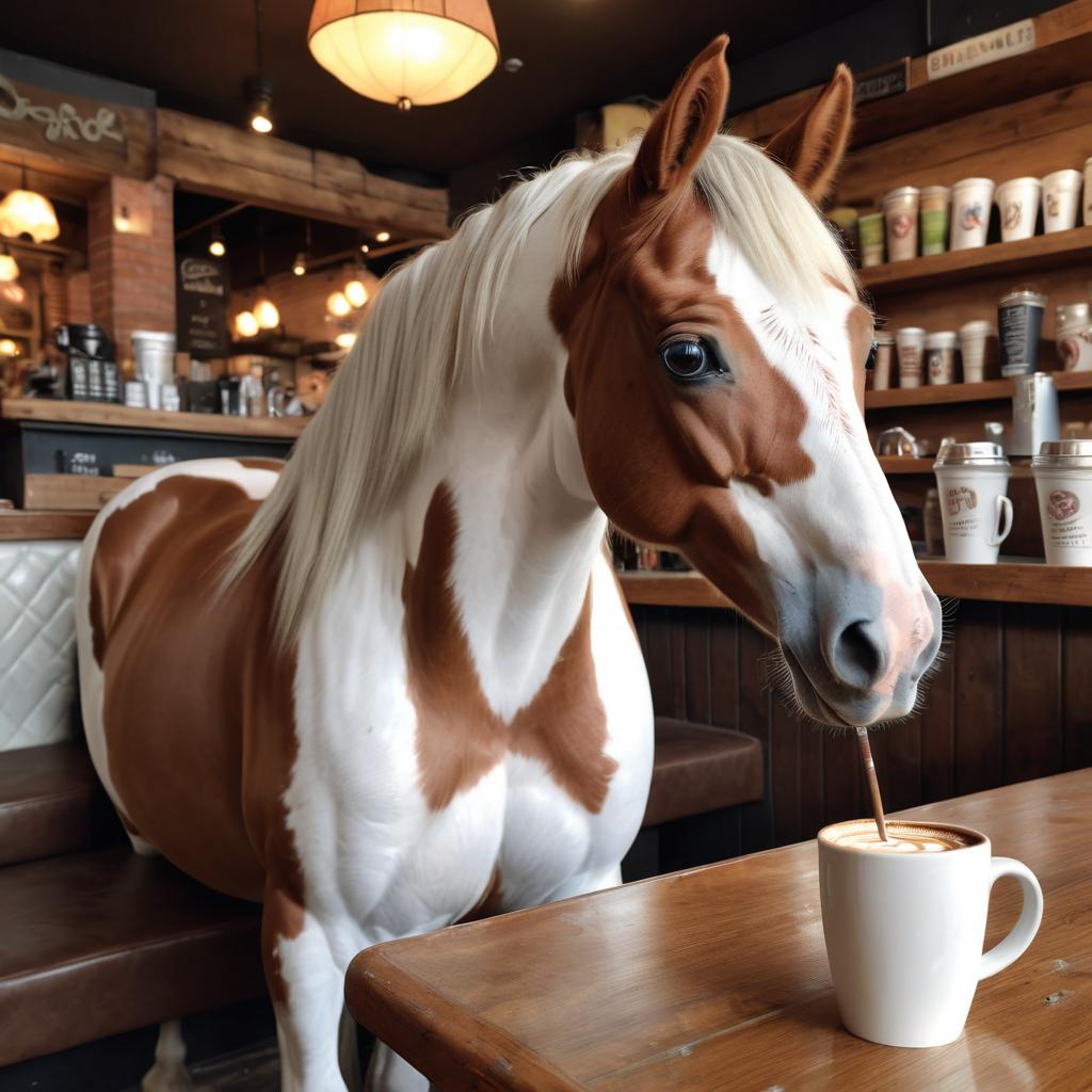 paint horse horse sitting in a cozy coffee shop, lifelike and detailed.