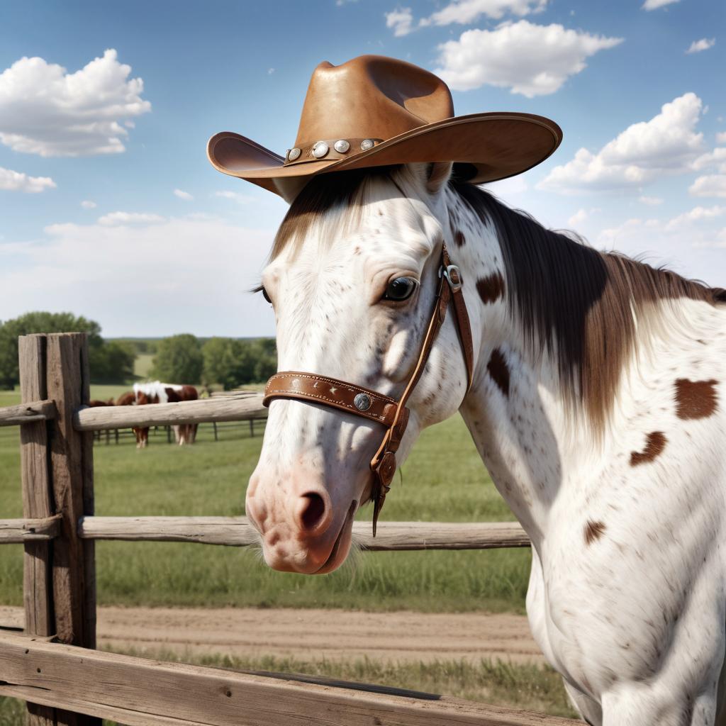 paint horse horse as a cowboy wearing a hat, in the midwest countryside, on a farm.