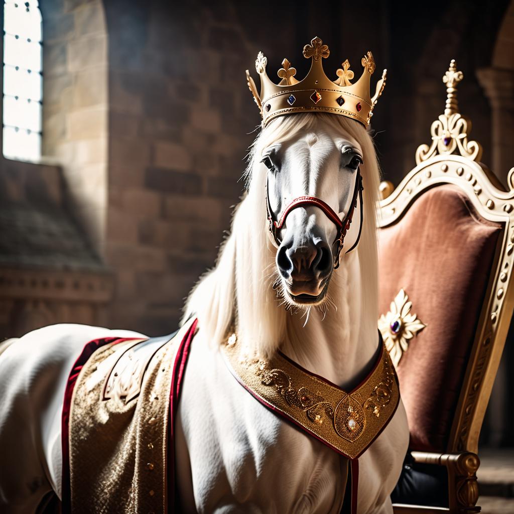 paint horse horse as a king in a magical castle, wearing a crown and robe, seated on a throne.