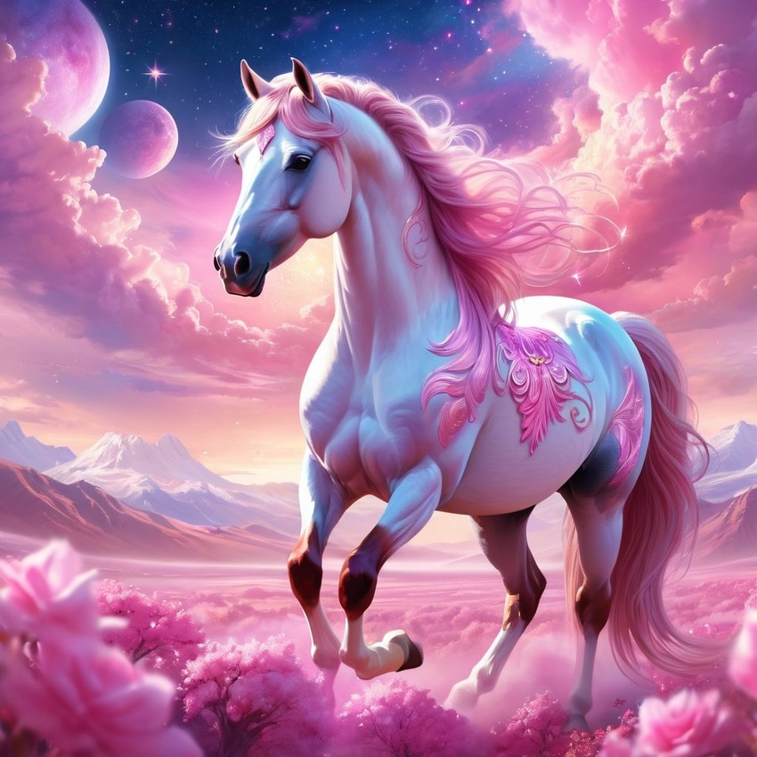 paint horse horse in pink clothing, set in a beautiful pink scene with a dreamy, magical vibe.