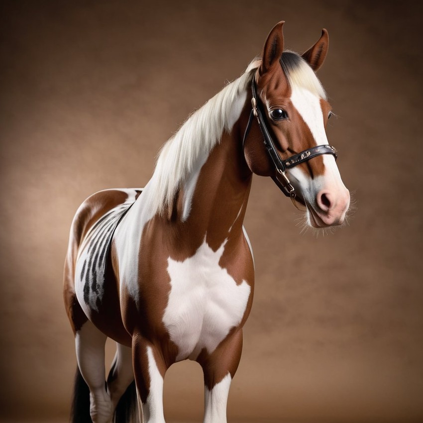 paint horse horse in a stylish suit, posing against a diffused background, looking cute and professional.