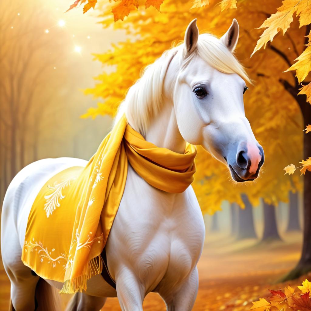 paint horse horse in a yellow scarf, ethereal and magical style.