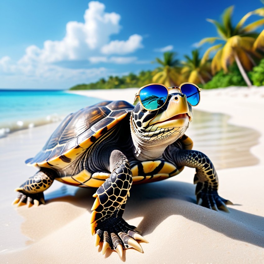 painted turtle turtle/tortoise on a beautiful beach with white sand and blue sea, wearing sunglasses.