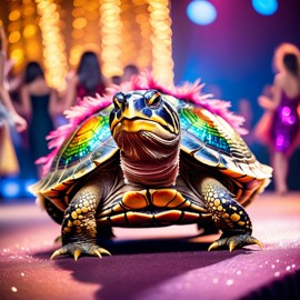 painted turtle turtle/tortoise strutting down the fashion show catwalk stage in a sparkling sequined dress with a feathered boa, high energy and dramatic.