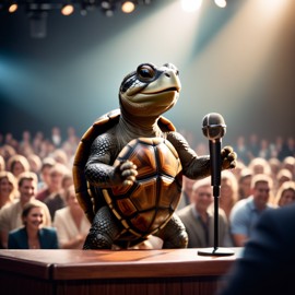 painted turtle turtle/tortoise as a keynote speaker on stage, dressed elegantly, holding a microphone, exuding charisma and confidence.