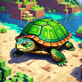 painted turtle turtle/tortoise as a minecraft character in pixel graphics, capturing the charm of the blocky minecraft universe.