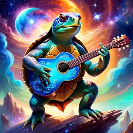 painted turtle turtle/tortoise as a musician in an ethereal fantasy setting, playing guitar with a majestic and magical touch.