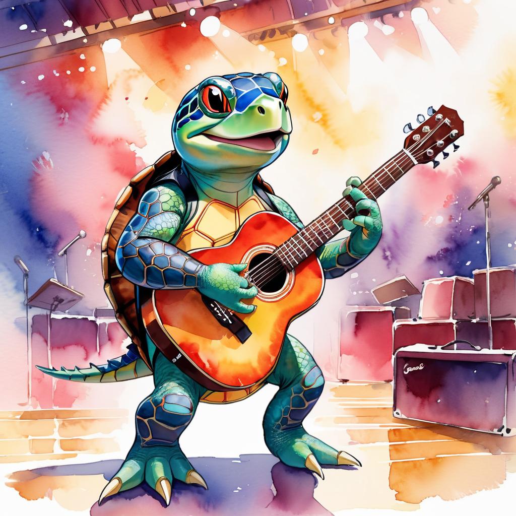 painted turtle turtle/tortoise as a musician in a watercolor painting, playing guitar in a vibrant and detailed concert hall scene.