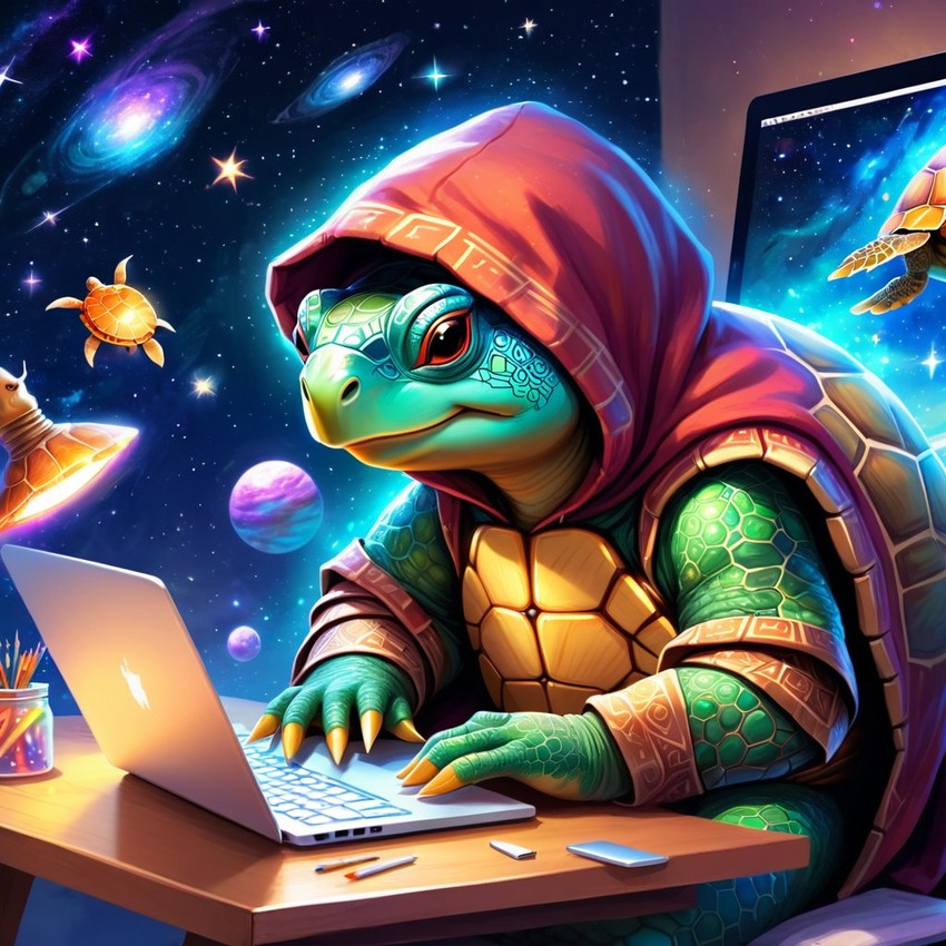 painted turtle turtle/tortoise as a programmer, working on a laptop in a hoodie, capturing a cute and magical moment.