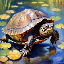 painted turtle turtle/tortoise in the style of renoir, showcasing classic artistic brush strokes and timeless elegance.