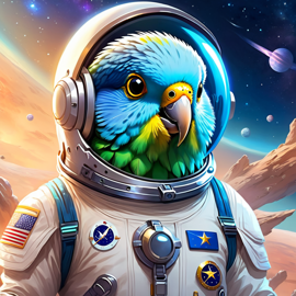 parakeet (budgerigar) bird as astronaut in space, ethereal and magical style, wearing spacesuit.