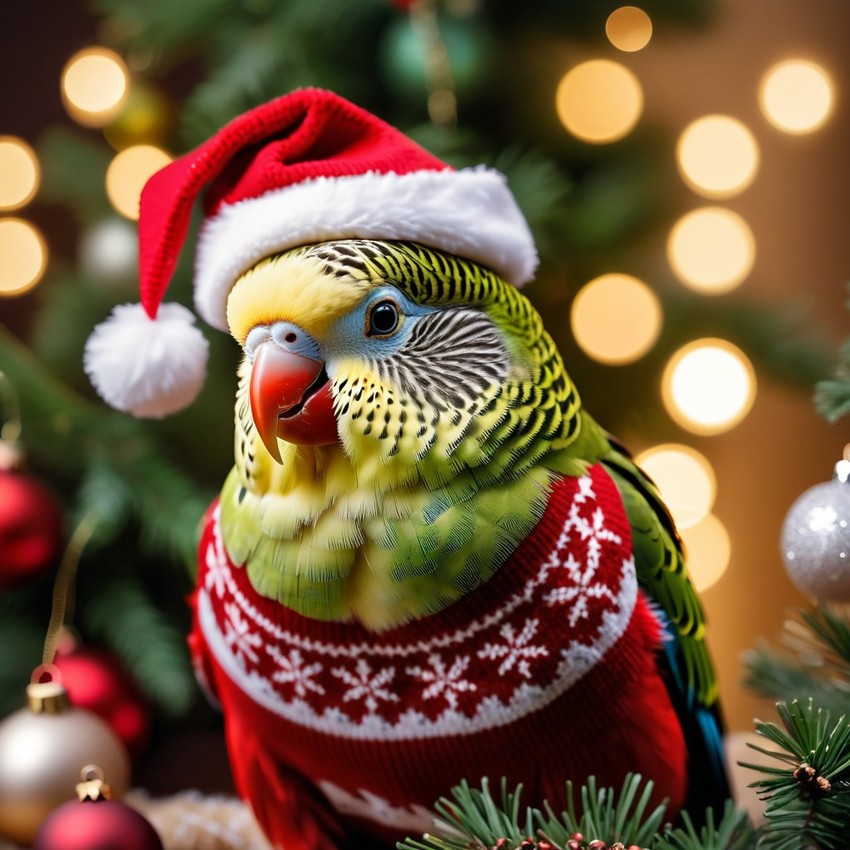 parakeet (budgerigar) bird in a christmas sweater and santa hat, festive and detailed.