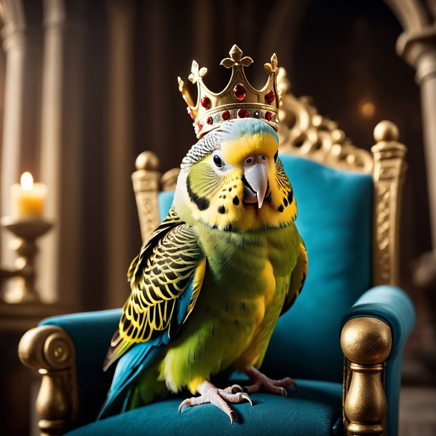 parakeet (budgerigar) bird as a king in a magical castle, wearing a crown and robe, seated on a throne.