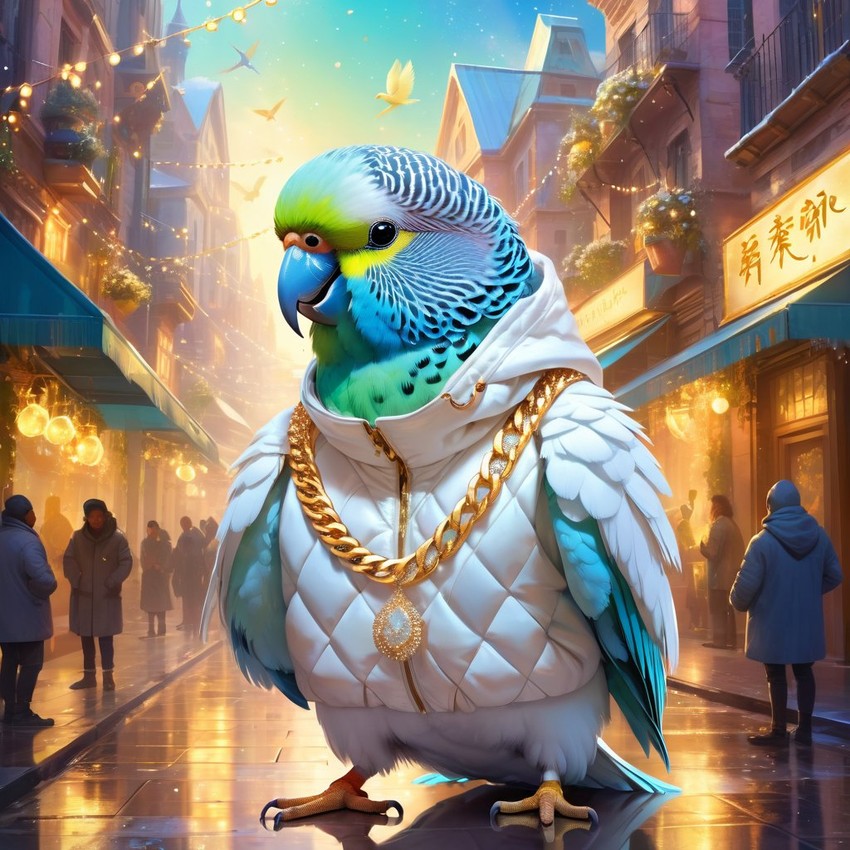 parakeet (budgerigar) bird in a white puffer coat with golden hip hop chains, in a posh urban environment, looking cute and happy.