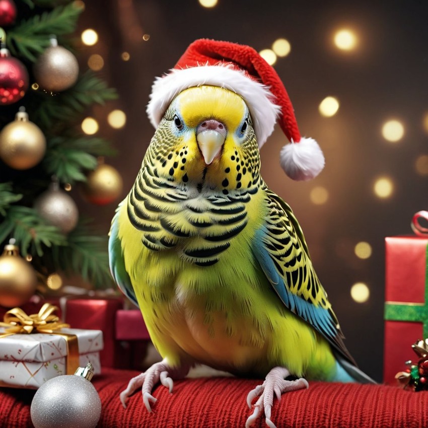 parakeet (budgerigar) bird in a christmas sweater and santa hat, lifelike and festive.