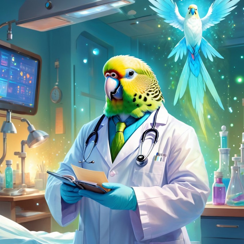 parakeet (budgerigar) bird as a doctor in a magical hospital setting, ethereal and dreamy with celestial details.