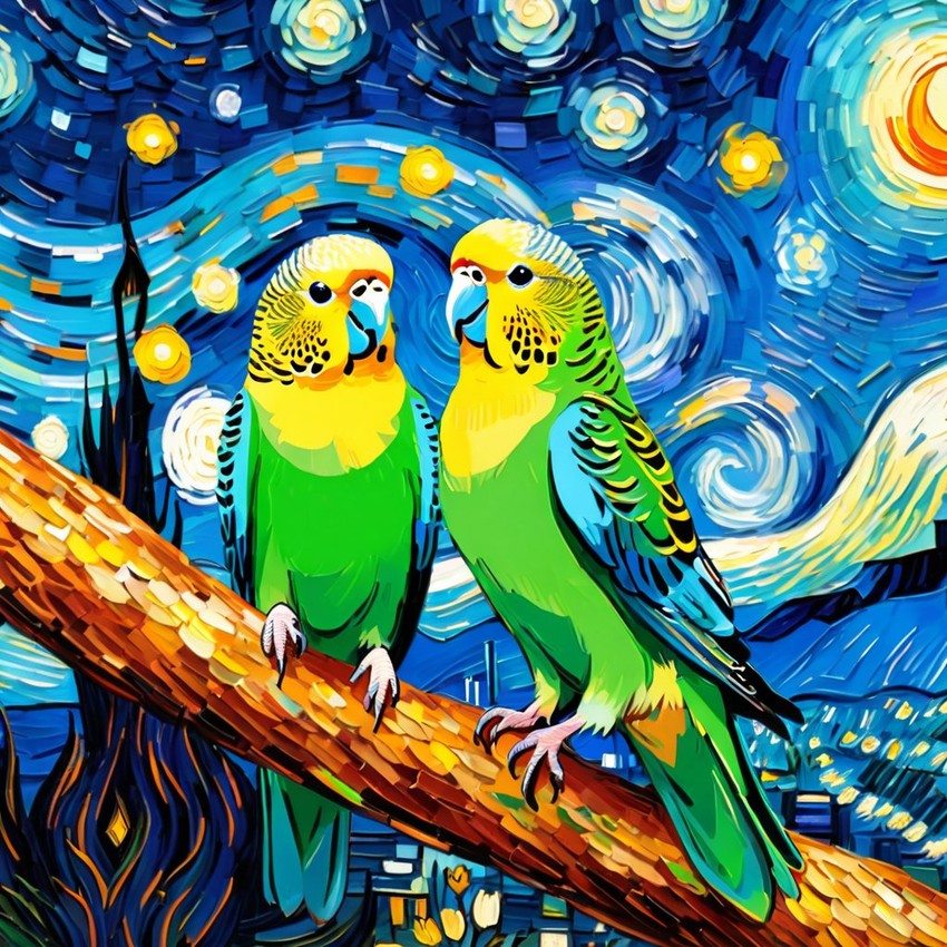 parakeet (budgerigar) bird by van gogh, featuring starry night brush strokes, capturing a cute and happy expression.