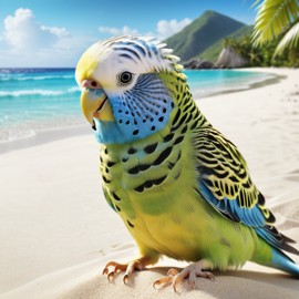 parakeet (budgerigar) bird on a beach with white sand and blue sea, wearing sunglasses and summer hat.