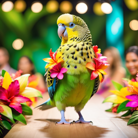 parakeet (budgerigar) bird strutting down the fashion show catwalk stage in a vibrant hawaiian shirt and a floral lei, high energy and joyful.