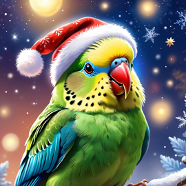 parakeet (budgerigar) bird in a christmas sweater and santa hat, ethereal and magical.