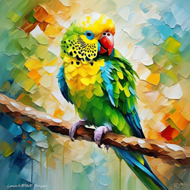 knife oil painting of parakeet (budgerigar) bird in the style of leonid afremov and degas, featuring vibrant, textured brushstrokes.