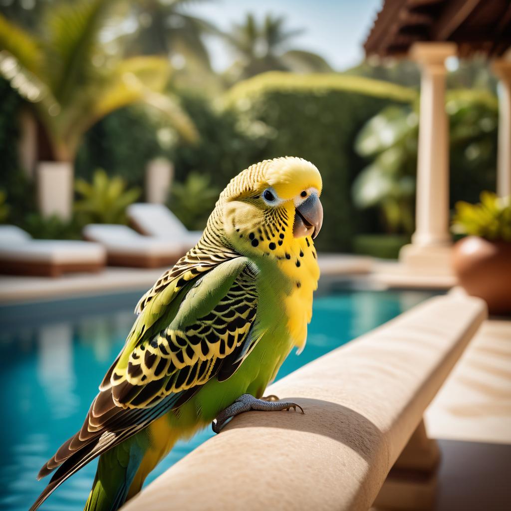 parakeet (budgerigar) bird suntanning next to a luxurious villa pool, capturing a posh and happy moment.