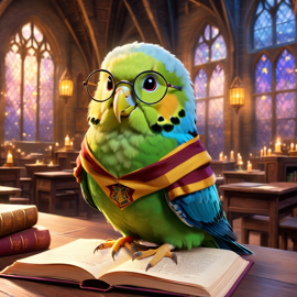 parakeet (budgerigar) bird as harry potter, with glasses and a magical hogwarts setting, evoking a celestial and epic feel.