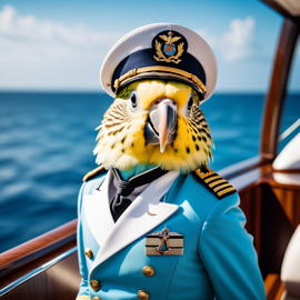 parakeet (budgerigar) bird as a captain on a luxury yacht, wearing captain uniform, against a blue sea.