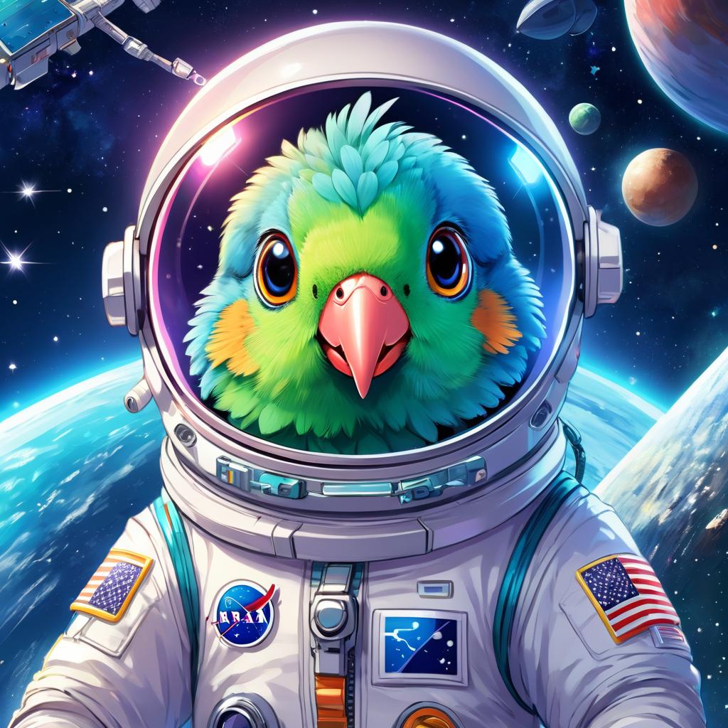 anime illustration of parrotlet bird as astronaut in space, wearing spacesuit, vibrant and detailed.