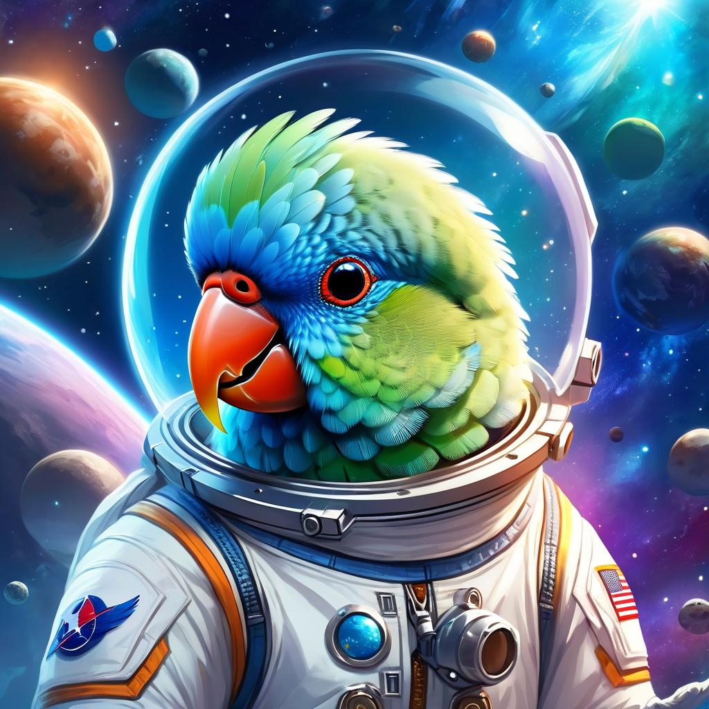 parrotlet bird as astronaut in space, ethereal and magical style, wearing spacesuit.