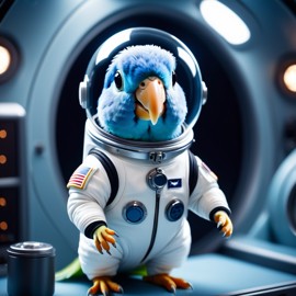 parrotlet bird as astronaut in space, wearing spacesuit, with spacestation background.