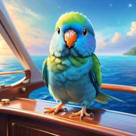 parrotlet bird as a captain on a luxury yacht, wearing captain uniform, ethereal and majestic.