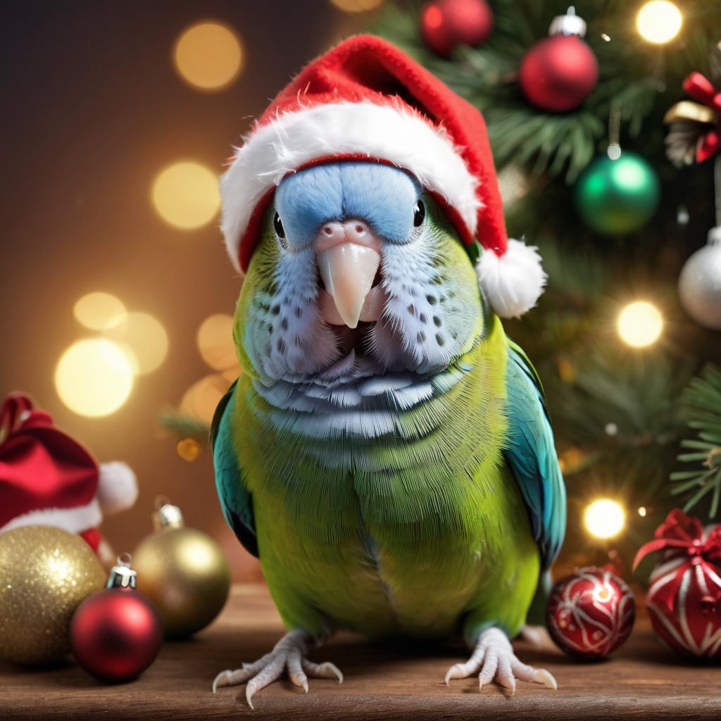 parrotlet bird in a christmas sweater and santa hat, lifelike and festive.