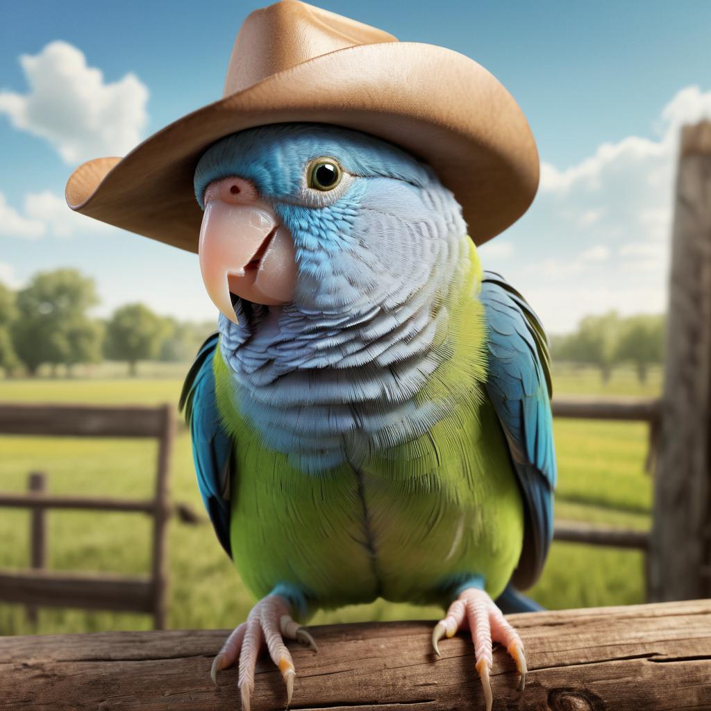 parrotlet bird as a cowboy wearing a hat, in the midwest countryside, on a farm.